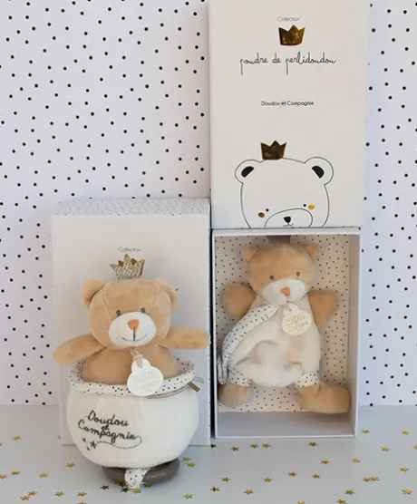Doudou attache sucette ours Petit Roi marron - 15 cm