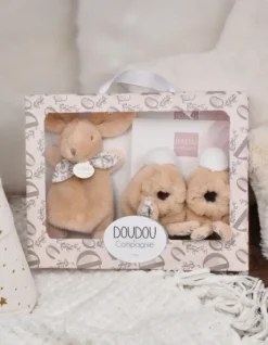 Lapin Doudou - Coffret cadeau Chaussons et Doudou Beige 15 cm