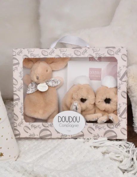Lapin Doudou - Coffret cadeau Chaussons et Doudou Beige 15 cm