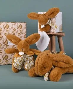 Lapin DOUDOU® - Peluche lapin jaune moutarde avec doudou assorti - 16 cm
