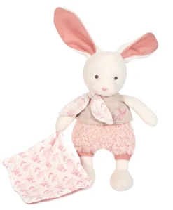 Lapin peluche écrue avec mouchoir rose en coton BIO - 22 cm
