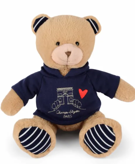 Ours en peluche marron avec sweat marine Champs Elysees - 28 cm