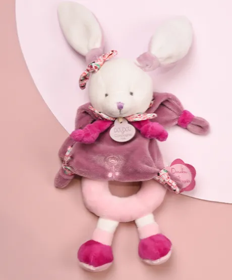 Peluche hochet Cerise le lapin rose - 19 cm