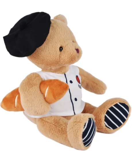 Peluche Ours beige - Chef avec baguette - 25 cm