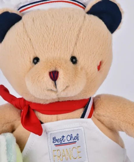 Peluche Ours beige - Chef avec Macaron vert - 28 cm