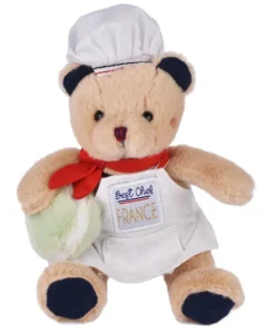 Peluche Ours beige - Porte cle - Chef avec Macaron vert - 15 cm
