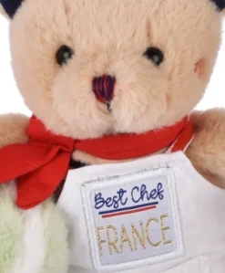 Peluche Ours beige - Porte cle - Chef avec Macaron vert - 15 cm