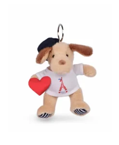 Porte clé Chien beige avec T-shirt Tour Eiffel - 15 cm